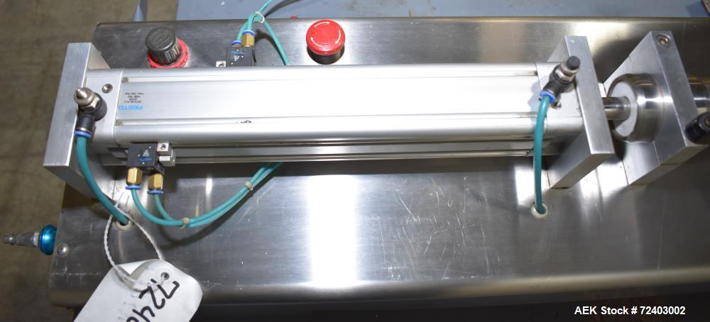 Used Wenzhou Rigao Table Top Semi Automatic Piston Filler, Model DYF. 316L Stainless steel product contact. Filling speed 5 to 20 bottles per minute. Filling accuracy /= 1% +/-. Filling range: approx...